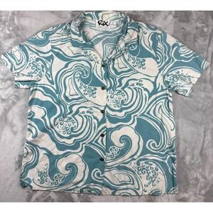Rix Island Wear‎ Mens Large Teal White Wave Print Cotton Aloha Shirt Made Hawaii